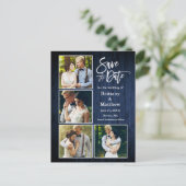 Pinsel Script Blue Wood Save the Date 4 Foto Postkarte (Stehend Vorderseite)
