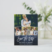 Pinsel Script Blue Wood Save the Date 4 Foto Postkarte (Stehend Vorderseite)