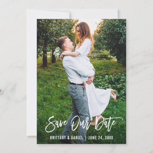 Pinsel Script Couple Foto Rettete Unsere Date Card Save The Date (Vorderseite)