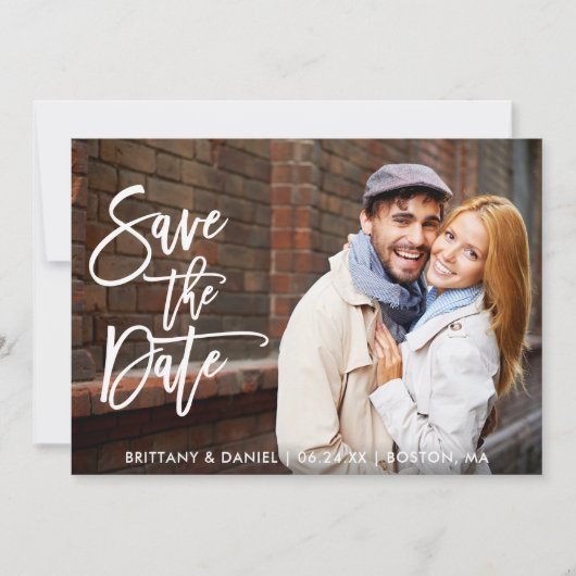 Pinsel Script Couple Foto Save the Date W Card (Vorderseite)