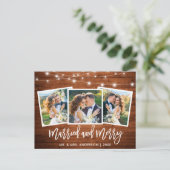 Pinsel Script Wood Lights 3 Foto Verheiratet Merry Postkarte (Stehend Vorderseite)