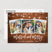 Pinsel Script Wood Lights 3 Foto Verheiratet Merry Postkarte (Vorne/Hinten)