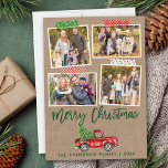 Pinsel Skript Craft Tape Weihnachtswagen Kraft Feiertagskarte<br><div class="desc">Modernes Pinselskript Frohe Weihnachten 4 Foto Collage Urlaubskarte beinhaltet Handwerk Tape und Vintager Wasserfarbenroter LKW mit Weihnachtsbaum. Rustikales Kraftpapier.</div>