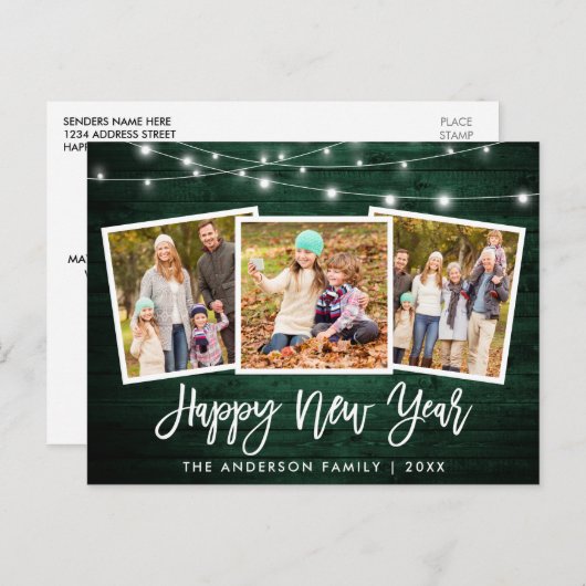 Pinsel Skript Grün Holz Lichter 3 Foto Neujahr Postkarte (Vorne/Hinten)