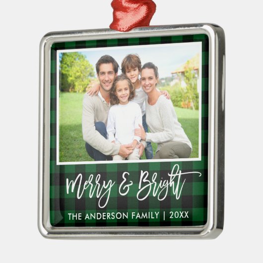 Pinsel Skript Grün Kariert Merry and Bright Family Ornament Aus Metall (Links)