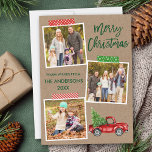 Pinsel Skript Handball Truck WeihnachtsKraft Feiertagskarte<br><div class="desc">Modernes Pinselskript Frohe Weihnachten 3 Foto Collage Urlaubskarte beinhaltet Handwerk Tape und Vintager Wasserfarbenroter LKW mit Weihnachtsbaum. Grünes Skript.</div>