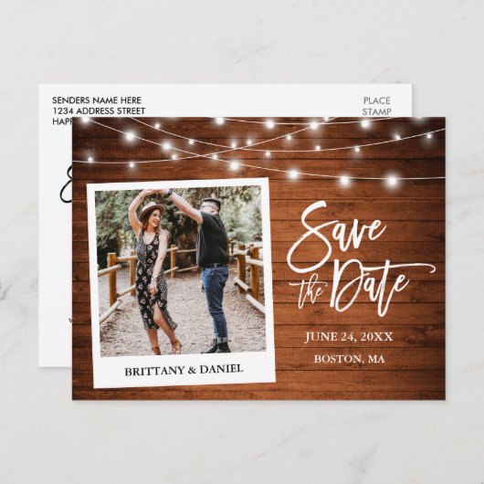 Pinsel Skript Instant Camera Wood Save the Date Postkarte (Vorne/Hinten)