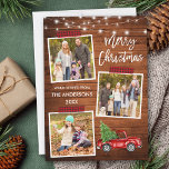 Pinsel Skript Kariertes Handwerk Truck Holzleuchte Feiertagskarte<br><div class="desc">Modernes Pinselskript Frohe Weihnachten 3 Foto Collage Holiday Card beinhaltet Red Kariert Craft Tape und Watercolor Vintag Red Truck mit Weihnachtsbaum. Rustikales Landholz mit Streichelleuchten.</div>