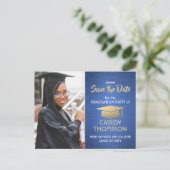 Pinselblau und Gold Abschluss Foto Save the Date Postkarte (Stehend Vorderseite)