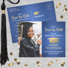 Pinselblau und Gold Abschluss Foto Save the Date