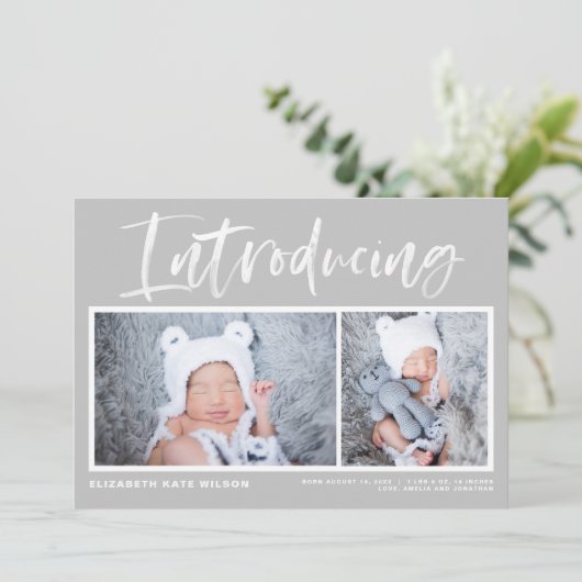 Pinselkalligraphie Grau Foto Collage Geburt Ankündigung (Stehend Vorderseite)