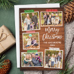 Pinselschrift Frohe Weihnachtsholzkunstband Feiertagskarte<br><div class="desc">Moderne Pinselschrift Frohe Weihnachten 5 FotoCollage mit Craft Tape Holiday Card. Rustikales Landholz.</div>