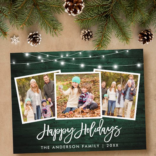 Pinselschrift Green Wood Lights Holiday 3 Foto Postkarte