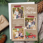 Pinselschrift Kariertes Bootband Red Truck Kraft Feiertagskarte<br><div class="desc">Modernes Pinselskript Frohe Weihnachten 3 Foto Collage Holiday Card beinhaltet Red Kariert Craft Tape und Watercolor Vintag Red Truck mit Weihnachtsbaum. Rustikales Kraftpapier.</div>