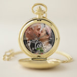 Pinselschrift Liebe Custom Foto Roman Numbers Taschenuhr<br><div class="desc">Romantische Taschenuhr mit römischen Zahlen und Liebe in einem charmanten Pinselskript über ein Foto Ihrer Wahl geschrieben.</div>