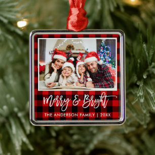 Pinselschrift Red Kariert Merry and Bright Family Ornament Aus Metall
