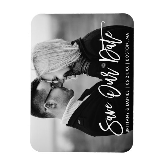 Pinselschrift Rette unser Datum Schwarz und Weiß Magnet (Vertikal)