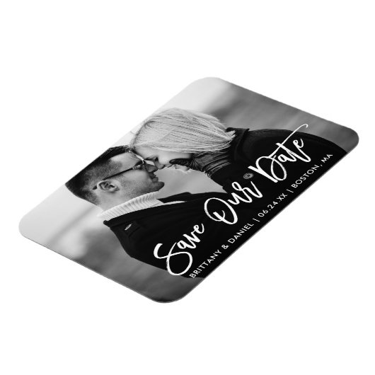 Pinselschrift Rette unser Datum Schwarz und Weiß Magnet (Linke Seite)