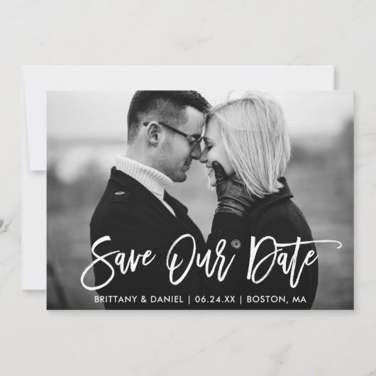 Pinselschrift Rette unsere Datums-Schwarz-Weiß-Kar Dankeskarte (Vorderseite)