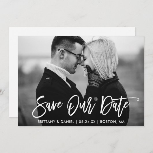 Pinselschrift Rette unsere Datums-Schwarz-Weiß-Kar Dankeskarte (Vorne/Hinten)