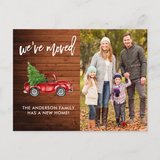 Pinselschrift Rustikale Adressenänderung Red Truck Postkarte (Vorderseite)