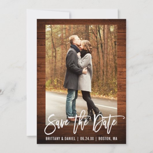 Pinselschrift Rustikales Holz Save the Date Kraft Einladung (Vorderseite)