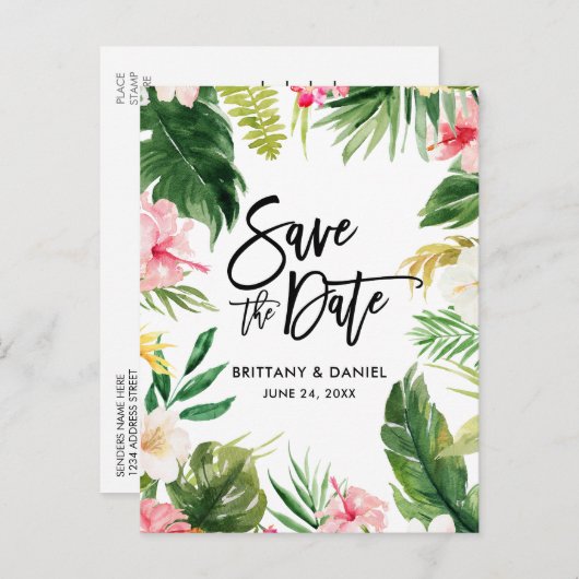Pinselschrift Save the Date tropischer Blume Postkarte (Vorne/Hinten)