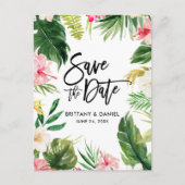 Pinselschrift Save the Date tropischer Blume Postkarte (Vorderseite)