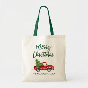 Pinselschrift Vintag Red Truck Grün Weihnachten Tragetasche