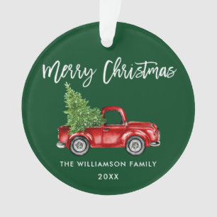 Pinselschrift Watercolor Vintag Red Truck Green Ornament