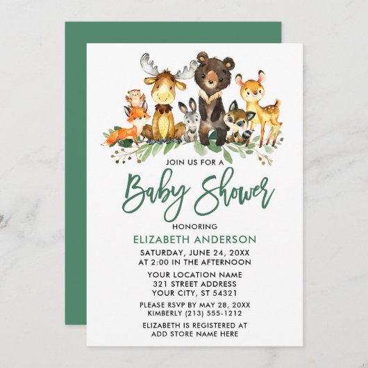 Pinselschrift Watercolor Woodland Animals Dusche Einladung (Vorne/Hinten)