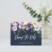 Pinselskript lila floral ändern Datum Postkarte (Stehend Vorderseite)
