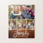 Pinselskriptfamilie 4 Foto Rustikale Holzdruckspur Puzzle<br><div class="desc">Modernes Pinselskript Familie 4 Foto Puzzle mit rustikalem Holzdruck</div>