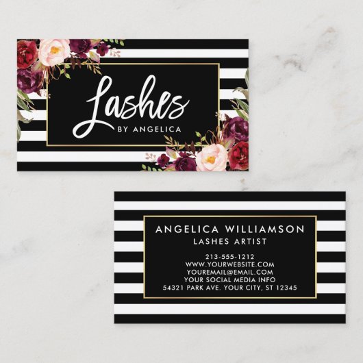 Pinselskriptstriche Strichen Burgundy Floral Visitenkarte (Vorne/Hinten)