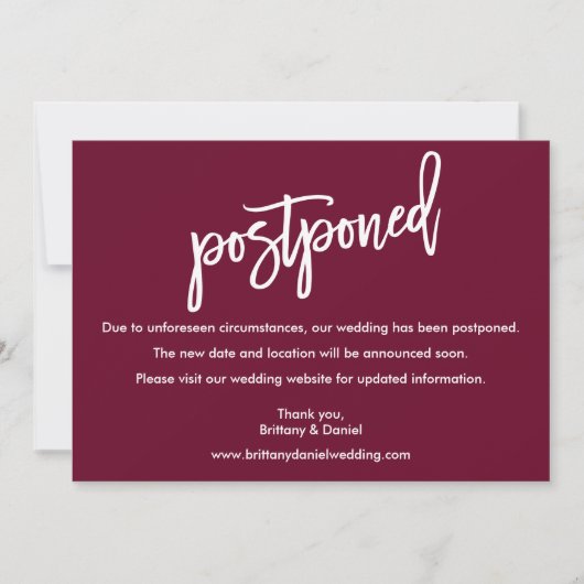 PinselskriptWedding Postponed Burgundy Card Save The Date (Vorderseite)