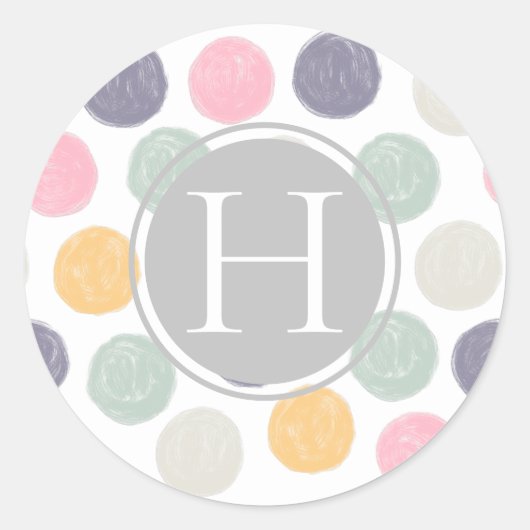 Pinselstrich pastellfarben polka dot monogramm runder aufkleber (Vorderseite)