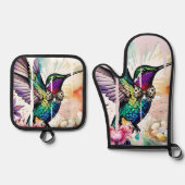 Pinselstrich-Vogel-Kunst Ofenhandschuh & Topflappen-Set (Vorderseite)