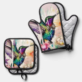 Pinselstrich-Vogel-Kunst Ofenhandschuh & Topflappen-Set (Vorderseite/Rückseite)