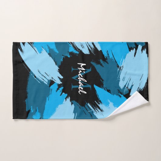 Pinselstriche in blauen Farbtönen mit Monogramm Badhandtuch Set (Handtuch)