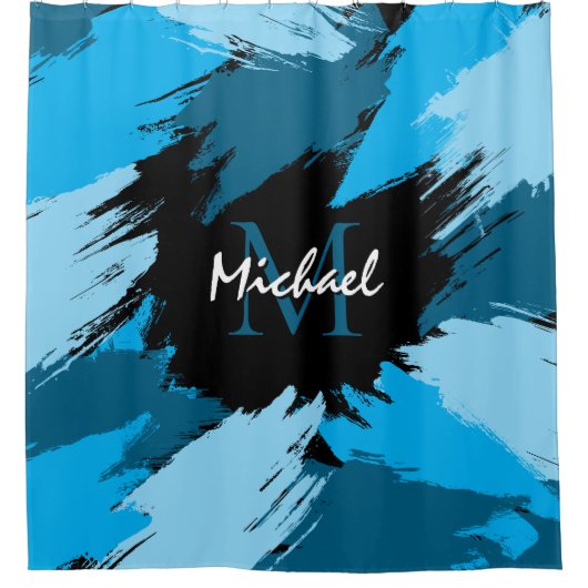 Pinselstriche in blauen Farbtönen mit Monogramm Duschvorhang (Vorderseite)