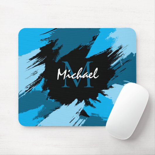 Pinselstriche in blauen Farbtönen mit Monogramm Mousepad (Mit Mouse)