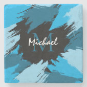 Pinselstriche in blauen Farbtönen mit Monogramm Steinuntersetzer (Vorderseite)