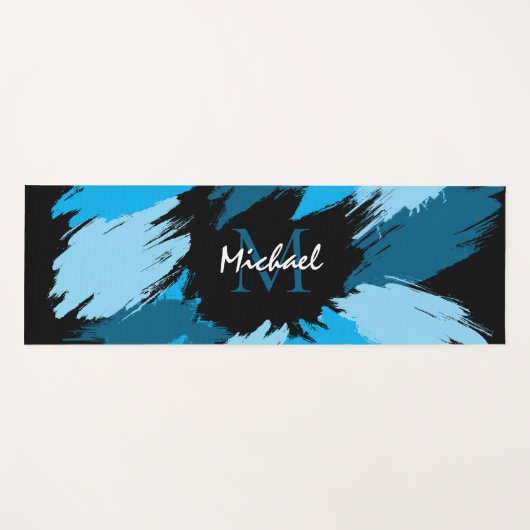 Pinselstriche in blauen Farbtönen mit Monogramm Yogamatte (Vorderseite (Horizontal))