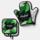 Pinselstriche in grünen Farbtönen mit Monogramm Ofenhandschuh & Topflappen-Set (Vorderseite/Rückseite)