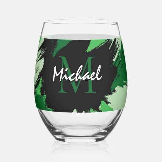 Pinselstriche in grünen Farbtönen mit Monogramm Weinglas Ohne Stiel (Links)