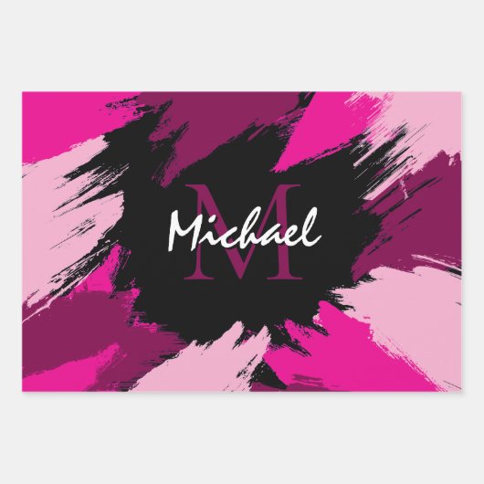 Pinselstriche in heißen rosa Farbtönen mit Monogra Geschenkpapier Set (Vorderseite 2)