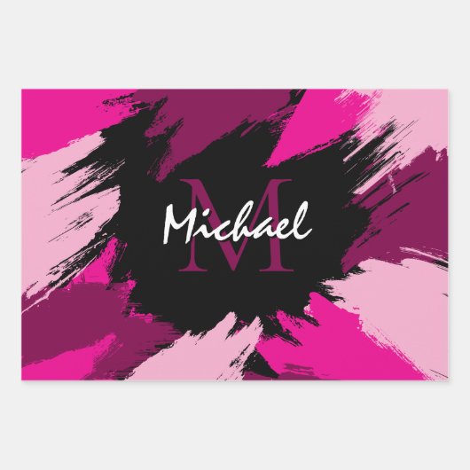 Pinselstriche in heißen rosa Farbtönen mit Monogra Geschenkpapier Set (Vorderseite)