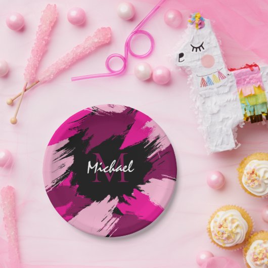 Pinselstriche in heißen rosa Farbtönen mit Monogra Pappteller (Party)