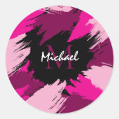 Pinselstriche in heißen rosa Farbtönen mit Monogra Runder Aufkleber (Vorderseite)