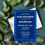 Pinselstriche Streifen Blue Custom Bar Bat Mitzvah Einladung<br><div class="desc">Perfekte Karte, um eine Fledermausmitzvah, Bar mitzvah oder andere jüdische Feier anzukündigen! Handgemachte abstrakte Kunst mit lockeren Pinselstrichen für Sie auf der Vorder- und Rückseite! Vollständig anpassbar! Klicken Sie auf "Personalisieren" oben, um den Text zu bearbeiten. Klicken Sie auf "Bearbeiten mit dem Design-Tool", um die Schriftart, Farben und Platzierungen anzupassen...</div>